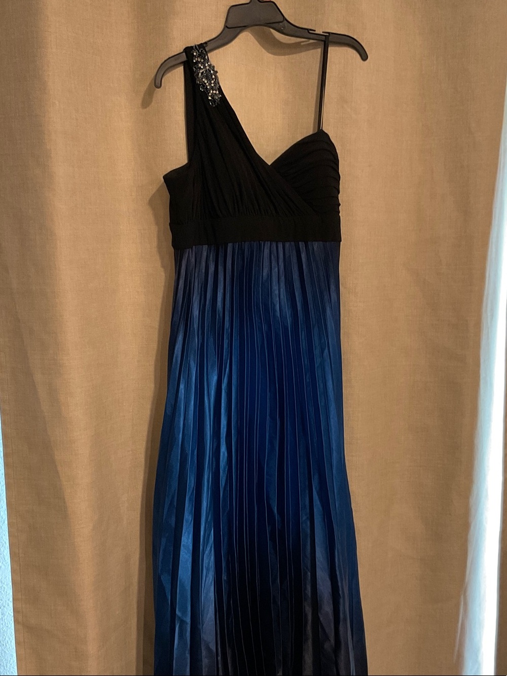 Betsy & Adam Black Bodice with Blue Pleated One-Shoulder Gown